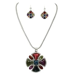 Large Multi Color Stone Pendant Necklace Earrings Set Fashion Jewelry