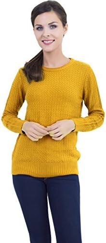 Women Round Neck Fine knit long sleeve sweater (Yellow)