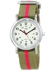 Timex Womens T2N917 "Weekender" Watch with Olive Green and Red Nylon Strap