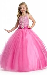 Girls Chiffon/Taffeta/Tulle Crystals Beaded Lace Applique Crystal Flower-Girl Dress 