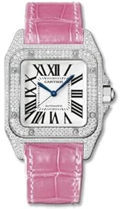 Cartier Santos 100 Diamond 18kt White Gold Pink Ladies Watch WM501751