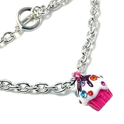 Hot Pink Fuscia Crystal Cupcake Silvertone Toggle Charm Bracelet