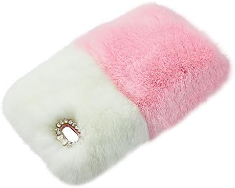 Touch 5 Case, Genuine Rex Rabbit Fur Fluffy Cover Bling Diamond [Warm Soft Furry] Winter Wammer Handmade Soft Crystal Rhinestone Back Case for Apple iPod Touch 5 Accessories by Casemart (1 Stylus Pen + 2 Screen Protector Film) White and Pink Design