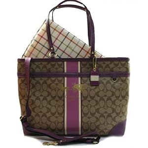 Authentic Coach Heritage Signature Stripe Multifunction Diaper/Computer/Business Tote - F12351 Berry