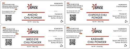 Chili Powders Spice Set - Chipotle, Bird's Eye, Ancho, and Kashmiri (Fast Shipping)