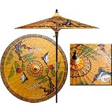 Mirrored Cranes 7 Foot Patio Umbrella With Base - Orange by Oriental Decor