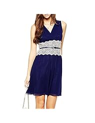 Petite Sexy V-neck Lace Sheer Chiffon Fit-and-Flare Skater Dress 