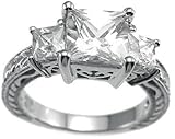 Genuine Cassis (TM) 925 Sterling Silver Rhodium Finish CZ Princess Antique Style Wedding Ring. (Available in sizes 5 - 9). 100% Satisfaction Guaranteed.