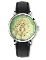 SPRAWL Aanalog Fashion Series Silver Ladies Watches of Genuine Black Leather Strap,Unique Wrist Watch for Women Girls Designed with Bouquet of white roses