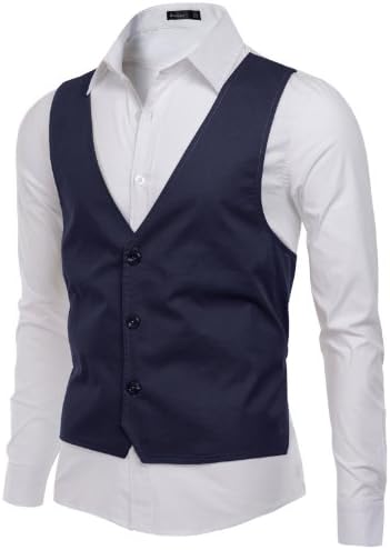 Doublju Mens Front Vest patched Long Sleeve Shirts, Navy, M