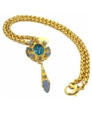 Romantic Blue Italian-Made Gold Finished Brass Necklace with Central Blue Oval Crystal