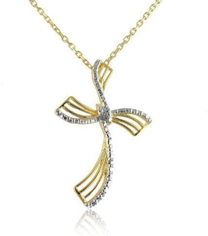 Sterling Silver Gold Plated Cross with 0.01ct Diamont Accent Pendant On a 18" Link Chain (1.6)