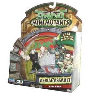  Teenage Mutant Ninja Turtles TMNT Mini Mutants Series Aerial Assault 2 Pack 2-1/2 Inch Tall Action Figures - Raph and Hun with Detachable Real Working Parachute