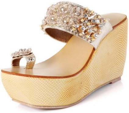Kvoll Women's Pu Platform Wedge Slippers with Rhinestones and Beaded,Gold,38