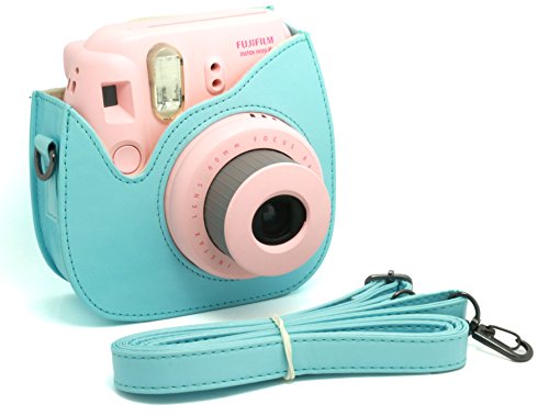 Woodmin Blue PU Leather Fujifilm Instax Mini 8 case bag + Free Shoulder Strap