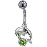 Dolphin With Green Crystal Beach Ball Dangle Belly Ring