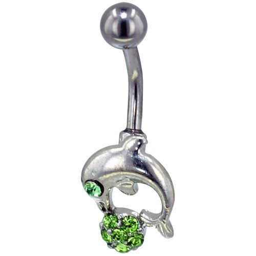 Dolphin With Green Crystal Beach Ball Dangle Belly Ring