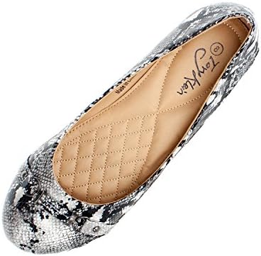 Womens Ballerina Ballet Flats, Padded Flat Shoes, Snakeskin Design 4 Colors (8, White)