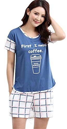 Betusline Women Short Sleeves Pajama Interesting Prints Plaids Shorts Blue