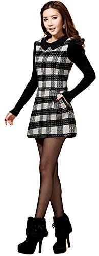 ワンピース ウール チェック 千鳥格子 黒白 シンプル デート カジュアル 長袖 ラウンドネック キュート エレガンス レディース 秋物 冬物 可愛いスカーフ付き R487