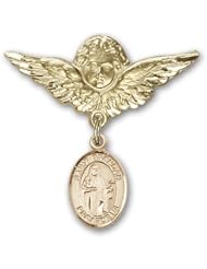 Gold Filled Baby Badge with St. Brendan the Navigator Charm and Angel W/wings Badge Pin. Catholic Saint Brendan Patron Saint of Sailors, Military, Seafarers, Navigators