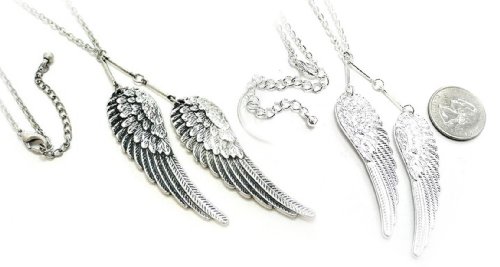 Beautiful Double Angel Wings Charm Necklace ~ Bright Silver or Antique Finish