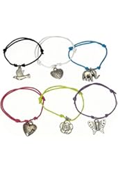 Set of 6 Childrens Bright Colored Cord Bracelets With Assorted Charms - (Cord Colors May Vary)