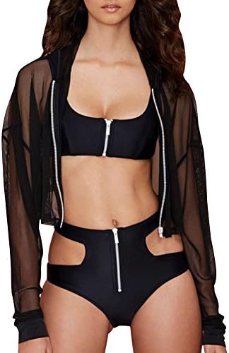 Tidegaga Women's Sexy See Through Tulle Sun Protection Hoodie Crop Cardigan