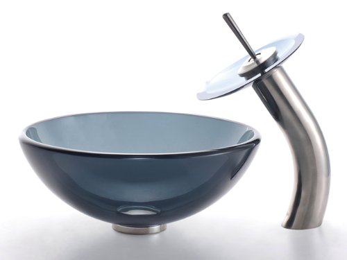 Kraus C-GV-104-14-12mm-10SN Clear 14-Inch Black Glass Vessel Sink and Waterfall Faucet, Satin Nickel