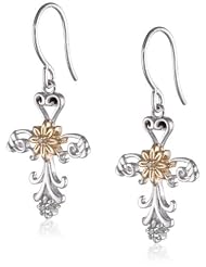 Precious Moments 2-Tone Sterling Silver Cross with Flower Design Drop Earrings