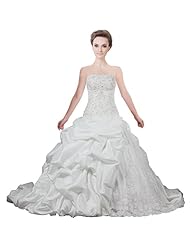 Strapless  Taffeta Lace-Up Ruched Applique Beaded Crystal  Ball Gown Wedding Dress 