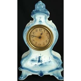 PRETTY Antique Blue Delft Ceramic Mantle Clock Windmill