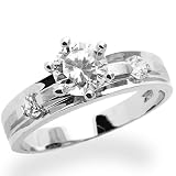 14K White Gold Engagement Ring 0.8ctw CZ Cubic Zirconia Round Solitaire W/ Satin Accent Ring
