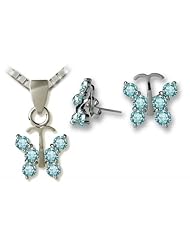 Silver Butterfly Necklace and Earring Set - Aqua CZ