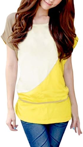 Allegra K Women Short Dolman Sleeve Colorblock Tunic Shirt w Waist Strap