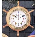 Nautical Brass Clock on Oak Wood Ship's Wheel with Nautical Numbers