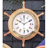 Nautical Brass Clock on Oak Wood Ship's Wheel with Nautical Numbers