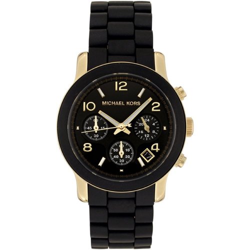 Michael Kors Womens Chronograph Black Rubber Coated Gold Tone Stainless Steel Watch #MK5191
