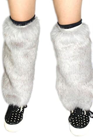 Off-White Grey Long Knee-High Fur Leg Warmers Stocking Leggings For Women