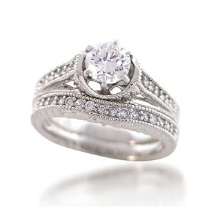 Bling Jewelry Sterling Silver Diamond CZ Vintage Engagement Wedding Ring Set - 8