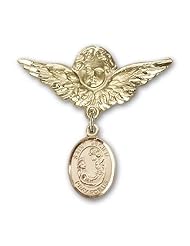 14K Gold Baby Badge with St. Cecilia Charm and Angel with Wings Badge Pin
