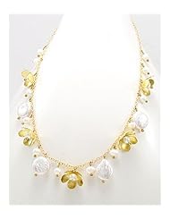 White (Natural) Flower Fresh Water Pearl Necklace In Brass