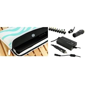 PCMS 4n1 Combo - Acer AOD250-1694 10.1-Inch Netbook Neoprene Sleeve Case with AC and DC Adapter Charger Home / Car / Airplane - Zebra Turquoise / White