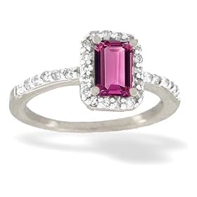 14K White Gold Genuine Emerald-cut Pink Tourmaline and Diamond Ring by Jewels For Me