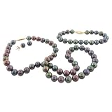 14k Yellow Gold 8-8.5mm Dyed Black Freshwater Cultured Pearl Necklace, Bracelet and Stud Earring Set