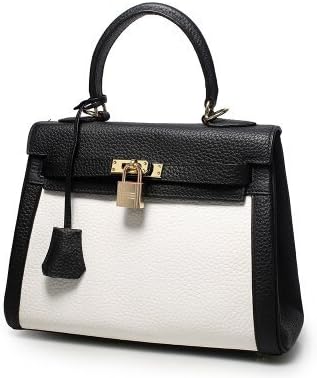 Talentote Women's Genuine Cow Leather Mixed Color Designer Padlock Shoulder Bags Handbag ttc-mckl-551240 (S, black+white)