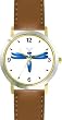 Blue Dragonfly or Dragon Fly - JP - WATCHBUDDY&reg; DELUXE TWO-TONE THEME WATCH - Arabic Numbers - Brown Leather Strap-Size-Children's Size-Small ( Boy's Size & Girl's Size )