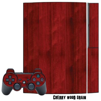 Protective Skin Decal Cover Sticker for Playstation 3 Console + two PS3 Controllers - Cherry Woodgrain
