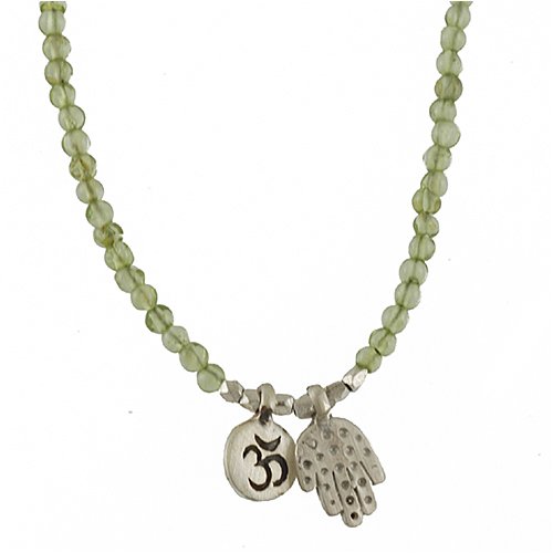 religiousjewelry.wordpress.com - SATYA- Sterling Silver Mini Hamsa and OM Pendant With Peridot Beads