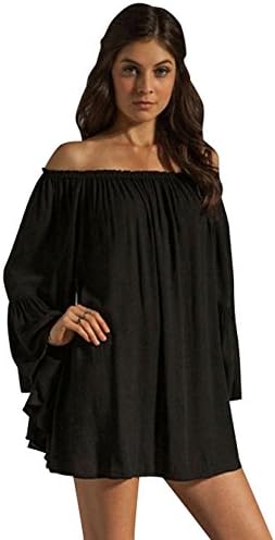 Aokdis Women Boho Solid Ruffle Sleeve Off Shoulder Mini Dress Beach Dress (L, black)